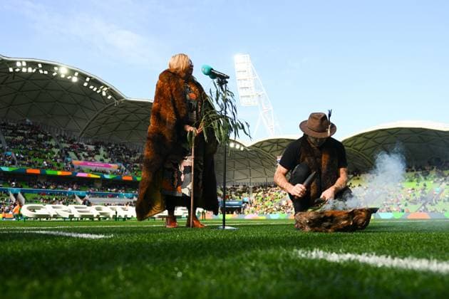 WWC23 CANADA NIGERIA, An Indigenous elder performs a smoking ceremony ahead of the FIFA Women s World Cup 2023 soccer match between Nigeria and Canada at Melbourne Rectangular Stadium in Melbourne, Friday, July 21, 2023. ( NO ARCHIVING, EDITORIAL USE ONLY, NO USE IN BOOKS WITHOUT CONSENT MELBOURNE VICTORIA AUSTRALIA  Copyright: xMORGANxHANCOCKx 20230721001822507725 