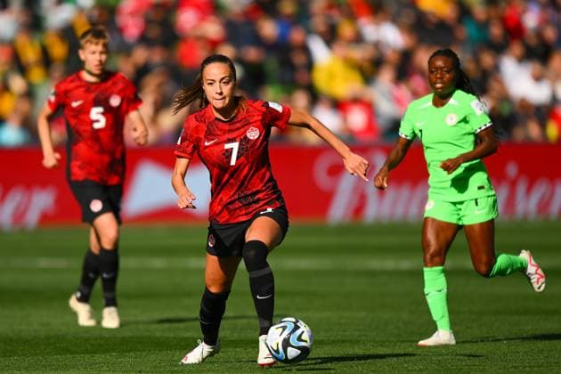 WWC23 CANADA NIGERIA, Julia Grosso of Canada in action during the FIFA Women s World Cup 2023 soccer match between Nigeria and Canada at Melbourne Rectangular Stadium in Melbourne, Friday, July 21, 2023. ( NO ARCHIVING, EDITORIAL USE ONLY, NO USE IN BOOKS WITHOUT CONSENT MELBOURNE VICTORIA AUSTRALIA  Copyright: xMORGANxHANCOCKx 20230721001822519469 