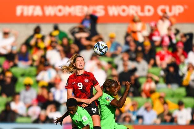 WWC23 CANADA NIGERIA, Jordyn Huitema of Canada (center) fights for the ball with Christy Ucheibe of Nigeria (right) during the FIFA Women s World Cup 2023 soccer match between Nigeria and Canada at Melbourne Rectangular Stadium in Melbourne, Friday, July 21, 2023. ( NO ARCHIVING, EDITORIAL USE ONLY, NO USE IN BOOKS WITHOUT CONSENT MELBOURNE VICTORIA AUSTRALIA  Copyright: xMORGANxHANCOCKx 20230721001822538781 