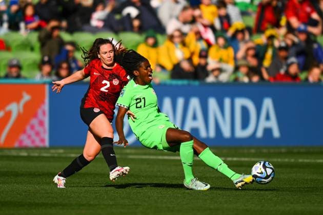 WWC23 CANADA NIGERIA, Esther Okoronkwo of Nigeria (right) is tackled by Allysha Chapman of Canada during the FIFA Women s World Cup 2023 soccer match between Nigeria and Canada at Melbourne Rectangular Stadium in Melbourne, Friday, July 21, 2023. ( NO ARCHIVING, EDITORIAL USE ONLY, NO USE IN BOOKS WITHOUT CONSENT MELBOURNE VICTORIA AUSTRALIA  Copyright: xMORGANxHANCOCKx 20230721001822539597 