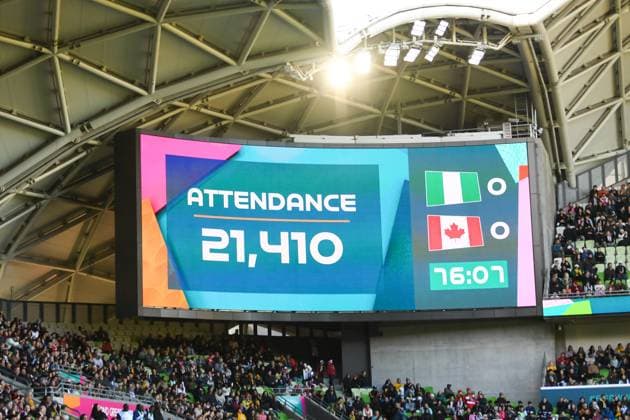 WWC23 CANADA NIGERIA, A screen shows the official match attendance during the FIFA Women s World Cup 2023 soccer match between Nigeria and Canada at Melbourne Rectangular Stadium in Melbourne, Friday, July 21, 2023. ( NO ARCHIVING, EDITORIAL USE ONLY, NO USE IN BOOKS WITHOUT CONSENT MELBOURNE VICTORIA AUSTRALIA  Copyright: xMORGANxHANCOCKx 20230721001822539734 