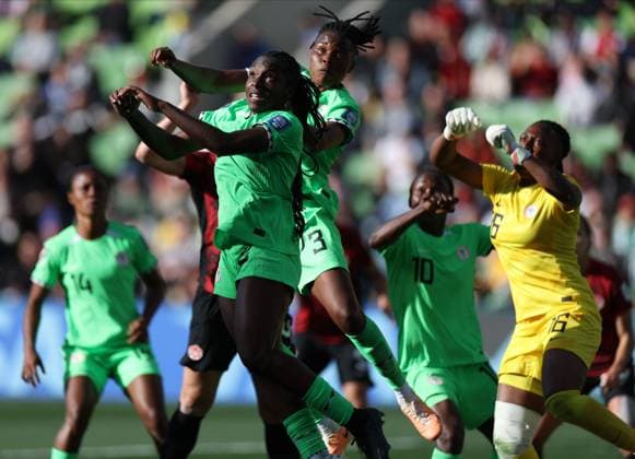 Mandatory Credit: Photo by Isabel Infantes Shutterstock (14016156as) Melbourne, Australia, July 21st 2023: Nigeria players jump for the ball during the 2023 FIFA Womens World Cup football match between Nigeria and Canada at Rectangular Stadium in Melbourne, Australia.(Isabel Infantes Shutterstock) Nigeria Women v Canada Women, FIFA Women s World Cup, Group B, Football, Melbourne Rectangular Stadium, Melbourne. Australia - 21 Jul 2023 Editorial use only Nigeria Women v Canada Women, FIFA Women s World Cup, Group B, Football, Melbourne Rectangular Stadium, Melbourne. Australia - 21 Jul 2023 Editorial use only  Copyright: xIsabelxInfantes Shutterstockx 14016156as