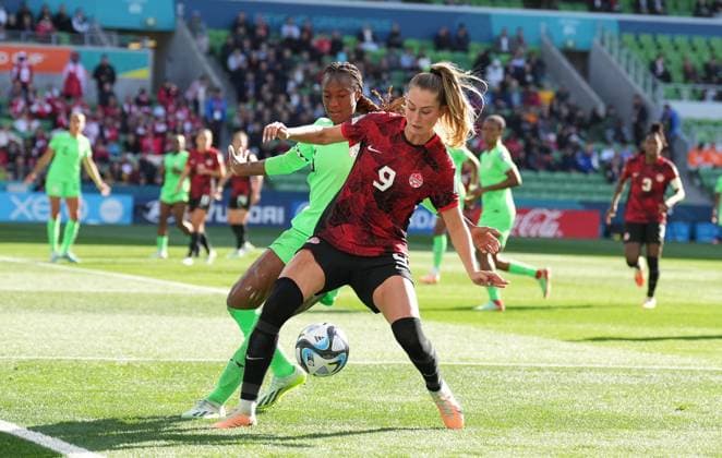July 21, 2023, Melbourne, Australia: Canada s Jordyn Huitema protects the ball against Nigeria during Group B soccer action at the FIFA Women s World Cup in Melbourne, Australia, Friday, July 21, 2023. Canada News - July 21, 2023  - ZUMAc35_ 20230721_zaf_c35_026 Copyright: xScottxBarbourx