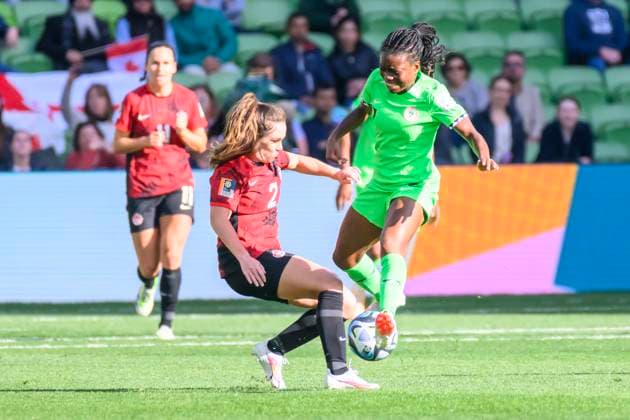 Allysha Chapman making a tackle during the FIFA Women s World Cup 2023 match between Nigeria Women and Canada Women at Melbourne Rectangular Stadium, Melbourne, Australia on 21 July 2023. Copyright: xRichardxNicholsonx 37810012