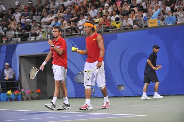 Beijing 2008 Olympic Games, Olympische Spiele, Olympia, OS - Nadal and Robredo defeat Bjorkman and Soderling Spain s Rafael Nadal and Tommy Robredo defeats, 6-3, 6-3, Sweden s Jonas Bjorkman and Robin Soderling in their first round double match at the XXIX Olympic games at the Olympic Green Tennis Center in Beijing, China on August 11, 2008. Photo by Gouhier-Hahn-Nebinger Cameleon ABACAPRESS.COM Beijing China  Copyright: xGouhier-Hahn-Nebinger ABACAx 160492_025 Gouhier-Hahn-Nebinger ABACAx 160492_025