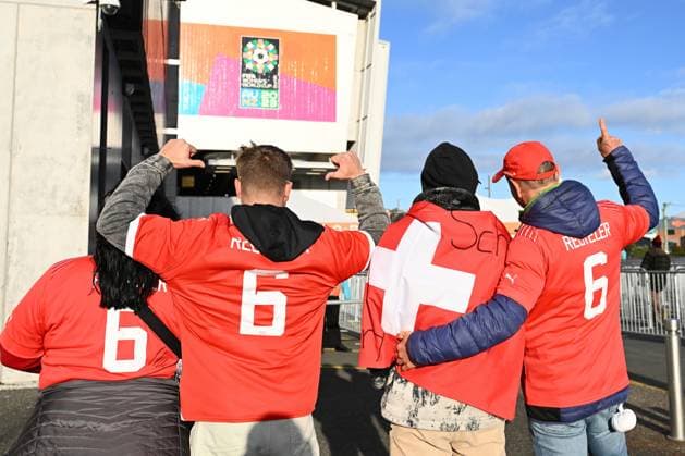 21st July 2023: Dunedin, New Zealand. Swiss fans show off their kit pre-match.nFIFA Women& x2019;s World Cup match between the Philippines and Switzerland held at the Dunedin Stadium, Dunedin, New Zealand  ActionPlus12533018 BlakexArmstrong