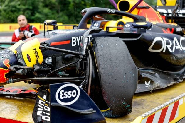 Damaged car of 11 Sergio Perez (MEX, Oracle Red Bull Racing), F1 Grand Prix of Hungary at Hungaroring on July 21, 2023 in Budapest, Hungary. (Photo by HOCH ZWEI) Budapest Hungary