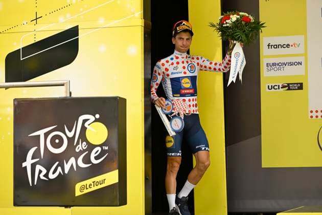 Tour de France 2023 - Stage 19 POLIGNY, FRANCE - JULY 21 : Ciccone Giulio (ITA) of Lidl - Trek pictured with the polka dot jersey during the podium ceremony of stage 19 of the 110th edition of the Tour de France 2023 cycling race, a stage of 173 kms with start in Moirans-en-Montagne and finish in Poligny on July 21, 2023 in Poligny, France, 21 07 2023 ( Motordriver Kenny Verfaillie - Poligny France  Copyright: xNicoxVereeckenx