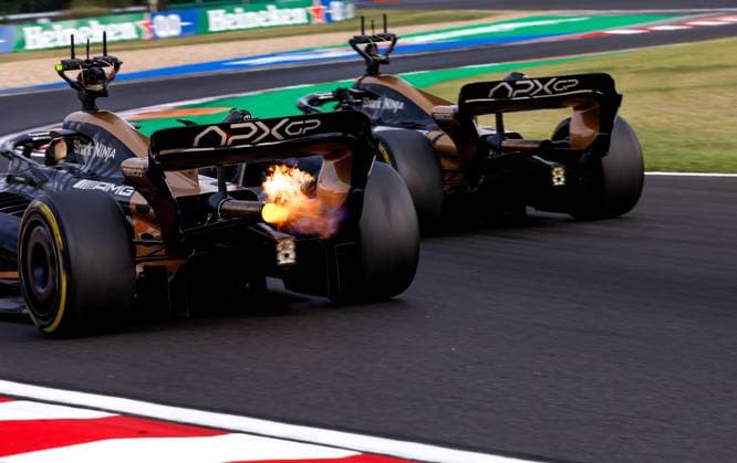 Cars of the fictional Apex APXGP Team, for the upcoming Formula One based movie Apex by Apple Studios and Bruckheimer Films, F1 Grand Prix of Hungary at Hungaroring on July 21, 2023 in Budapest, Hungary. (Photo by HOCH ZWEI) Budapest Hungary