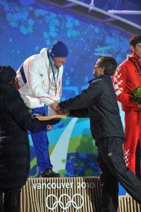 Olympic Winter games, Winterspiele,Spiele, Summer games - France gold medals - Whistler The Medal Presenter, His Royal Highness Crown Prince Frederik of Denmark, Member of the IOC, gives the gold medal for France s Vincent Jay on the podium during the medal ceremony for the Biathlon Men s 10 km Sprint at the Vancouver 2010 XXI Olympic Winter Games at Olympic Park in Whistler, Canada on February 14, 2010. Photo by Gouhier-Hahn-Nebinger ABACAPRESS.COM Whistler BC Canada  Copyright: xGouhier-Hahn-Nebinger ABACAx 219825_022 Gouhier-Hahn-Nebinger ABACAx 219825_022