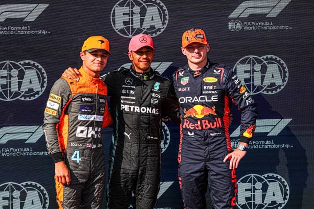Formula 1 Championship - 2023 Formula 1 Qatar Airways Hungarian Grand Prix, Formula One World Championship, WM, Weltmeisterschaft - Free Practice and Qualify Top3 Qualify: form left to Right: Lando Norris (GBR) McLaren MCL60 Lewis Hamilton (GBR) Mercedes W14 E Performance Max Verstappen (NED) Redbull Racing RB19 during 2023 Formula 1 Qatar Airways Hungarian Grand Prix, Formula One World Championship - Free Practice and Qualify, Formula 1 Championship in Mogyorod, Hungary, July 22 2023 Mogyorod Hungaroring Hungary Copyright: xAlessioxDexMarcox xLiveMediax LPS_1004598