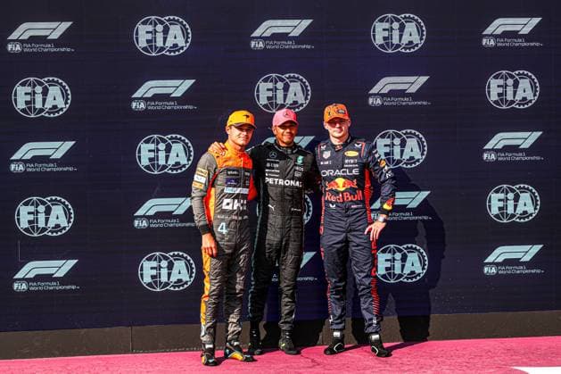 Formula 1 Championship - 2023 Formula 1 Qatar Airways Hungarian Grand Prix, Formula One World Championship, WM, Weltmeisterschaft - Free Practice and Qualify Top3 Qualify: form left to Right: Lando Norris (GBR) McLaren MCL60 Lewis Hamilton (GBR) Mercedes W14 E Performance Max Verstappen (NED) Redbull Racing RB19 during 2023 Formula 1 Qatar Airways Hungarian Grand Prix, Formula One World Championship - Free Practice and Qualify, Formula 1 Championship in Mogyorod, Hungary, July 22 2023 Mogyorod Hungaroring Hungary Copyright: xAlessioxDexMarcox xLiveMediax LPS_1004599