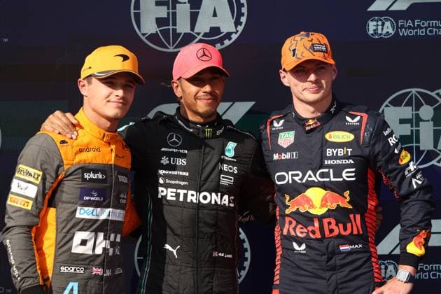 F1 Gran Prix of Hungary Lewis Hamilton of Mercedes AMG Petronas F1 Team, Max Verstappen of Red Bull Racing and Lando Norris of McLaren at the end of qualifying for the F1 Grand Prix of Hungary at Hungaroring on July 22, 2022 in Mogyorod, Hungary. Mogyorod Hungaroring Hungary Copyright: xMarcoxCanonierox