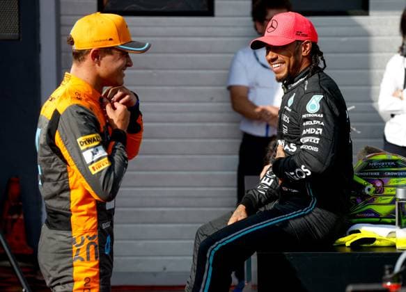 4 Lando Norris (GBR, McLaren F1 Team), 44 Lewis Hamilton (GBR, Mercedes-AMG Petronas F1 Team), F1 Grand Prix of Hungary at Hungaroring on July 22, 2023 in Budapest, Hungary. (Photo by HOCH ZWEI) Budapest Hungary