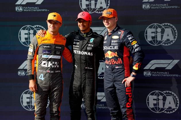 4 Lando Norris (GBR, McLaren F1 Team), 44 Lewis Hamilton (GBR, Mercedes-AMG Petronas F1 Team), 1 Max Verstappen (NLD, Oracle Red Bull Racing), F1 Grand Prix of Hungary at Hungaroring on July 22, 2023 in Budapest, Hungary. (Photo by HOCH ZWEI) Budapest Hungary