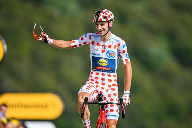 LE MARKSTEIN FELLERING, FRANCE - JULY 22 : Ciccone Giulio (ITA) of Lidl - Trek at the finish line during stage 20 of the 110th edition of the Tour de France 2023 cycling race, a stage of 133 kms with start in Belfort and finish in Le Markstein Fellering on July 22, 2023 in Le Markstein Fellering, France, 22 07 2023 ( Motordriver Kenny Verfaillie - Tour de France 2023 - Stage 20 PhotoNews Panoramic 