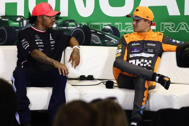 F1 Hungarian Grand Prix 2023 Qualifying Lewis Hamilton of Mercedes and Lando Norris of McLaren during press conference, PK, Pressekonferenz after qualifying ahead of the Formula 1 Hungarian Grand Prix at Hungaroring in Budapest, Hungary on July 22, 2023. Budapest Hungary  Copyright: xJakubxPorzyckix originalFilename:porzycki-f1hungar230722_npyZU.jpg