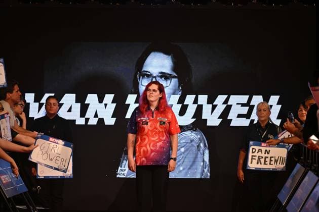 23rd July 2023, Winter Gardens, Blackpool, England; 2023 Betfred Womens World Matchplay Darts; Noa-Lynn van Leuven is introduced to the fans, the first trans woman to play in a televised tournament  ActionPlus12534160 GodfreyxPitt