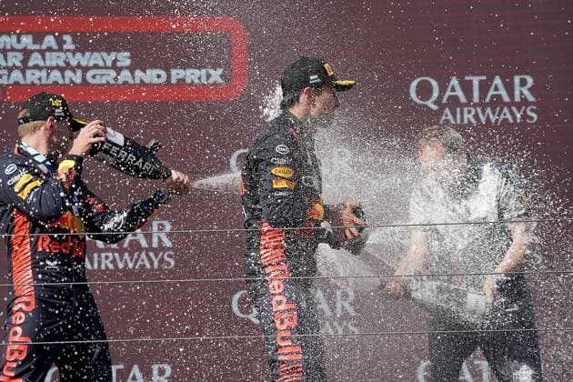 Formel 1 Grand Prix Großer Preis von Ungarn 2023 23.07.2023, Hungaroring, Budapest, Formel 1 Grand Prix Großer Preis von Ungarn 2023 , im Bild Sieger Max Verstappen (NLD), Oracle Red Bull Racing, 2.Platz für Lando Norris (GBR), McLaren F1 Team, 3.Platz für Sergio Perez (MEX), Oracle Red Bull Racing