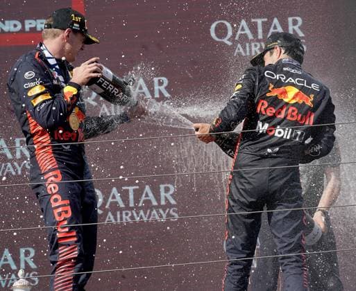 Formel 1 Grand Prix Großer Preis von Ungarn 2023 23.07.2023, Hungaroring, Budapest, Formel 1 Grand Prix Großer Preis von Ungarn 2023 , im Bild Sieger Max Verstappen (NLD), Oracle Red Bull Racing, 2.Platz für Lando Norris (GBR), McLaren F1 Team, 3.Platz für Sergio Perez (MEX), Oracle Red Bull Racing