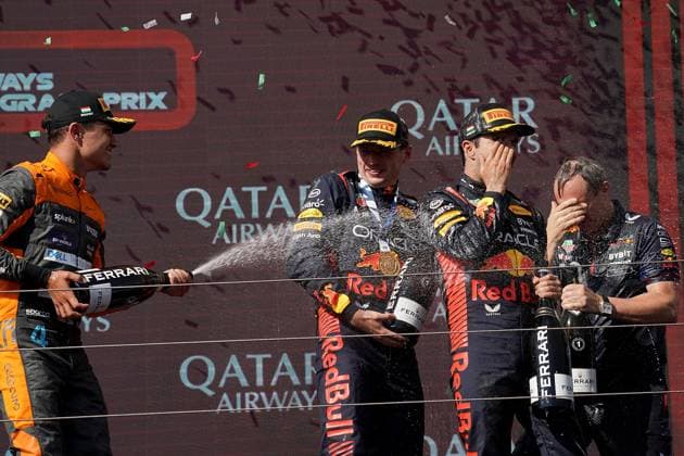 Formel 1 Grand Prix Großer Preis von Ungarn 2023 23.07.2023, Hungaroring, Budapest, Formel 1 Grand Prix Großer Preis von Ungarn 2023 , im Bild Sieger Max Verstappen (NLD), Oracle Red Bull Racing, 2.Platz für Lando Norris (GBR), McLaren F1 Team, 3.Platz für Sergio Perez (MEX), Oracle Red Bull Racing