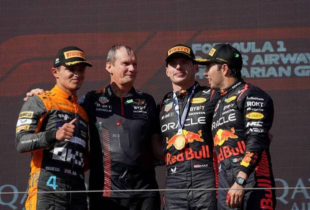 Formel 1 Grand Prix Großer Preis von Ungarn 2023 23.07.2023, Hungaroring, Budapest, Formel 1 Grand Prix Großer Preis von Ungarn 2023 , im Bild Sieger Max Verstappen (NLD), Oracle Red Bull Racing, 2.Platz für Lando Norris (GBR), McLaren F1 Team, 3.Platz für Sergio Perez (MEX), Oracle Red Bull Racing