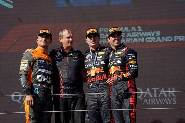 Formel 1 Grand Prix Großer Preis von Ungarn 2023 23.07.2023, Hungaroring, Budapest, Formel 1 Grand Prix Großer Preis von Ungarn 2023 , im Bild Sieger Max Verstappen (NLD), Oracle Red Bull Racing, 2.Platz für Lando Norris (GBR), McLaren F1 Team, 3.Platz für Sergio Perez (MEX), Oracle Red Bull Racing