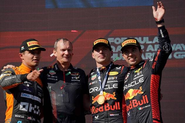 23.07.2023, Hungaroring, Budapest, Formel 1 Grand Prix Großer Preis von Ungarn 2023 , im Bild Sieger Max Verstappen (NLD), Oracle Red Bull Racing, 2.Platz für Lando Norris (GBR), McLaren F1 Team, 3.Platz für Sergio Perez (MEX), Oracle Red Bull Racing Budapest Hungaroring Tirol Ungarn