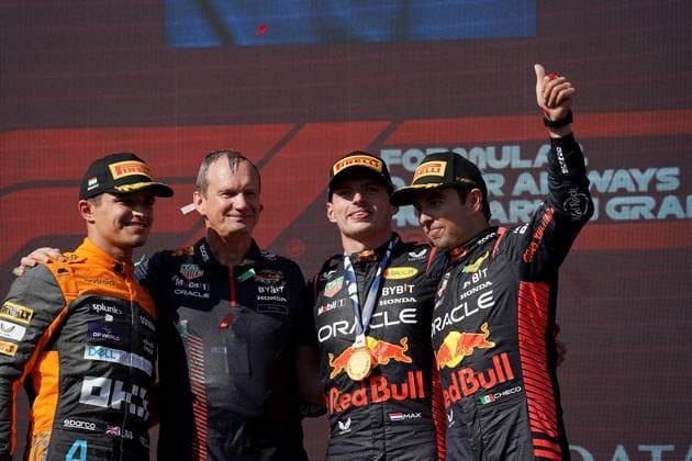 23.07.2023, Hungaroring, Budapest, Formel 1 Grand Prix Großer Preis von Ungarn 2023 , im Bild Sieger Max Verstappen (NLD), Oracle Red Bull Racing, 2.Platz für Lando Norris (GBR), McLaren F1 Team, 3.Platz für Sergio Perez (MEX), Oracle Red Bull Racing Budapest Hungaroring Tirol Ungarn