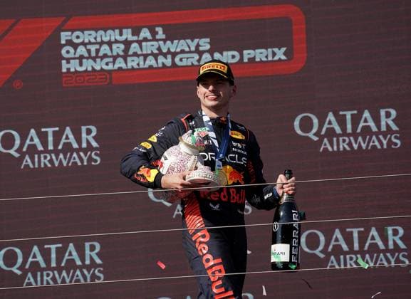 23.07.2023, Hungaroring, Budapest, Formel 1 Grand Prix Großer Preis von Ungarn 2023 , im Bild Sieger Max Verstappen (NLD), Oracle Red Bull Racing, 2.Platz für Lando Norris (GBR), McLaren F1 Team, 3.Platz für Sergio Perez (MEX), Oracle Red Bull Racing Budapest Hungaroring Tirol Ungarn