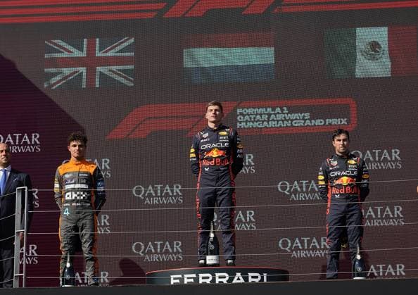 23.07.2023, Hungaroring, Budapest, Formel 1 Grand Prix Großer Preis von Ungarn 2023 , im Bild Sieger Max Verstappen (NLD), Oracle Red Bull Racing, 2.Platz für Lando Norris (GBR), McLaren F1 Team, 3.Platz für Sergio Perez (MEX), Oracle Red Bull Racing Budapest Hungaroring Tirol Ungarn