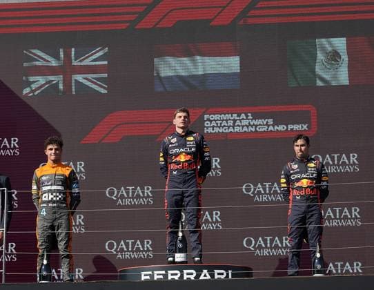 Formel 1 Grand Prix Großer Preis von Ungarn 2023 23.07.2023, Hungaroring, Budapest, Formel 1 Grand Prix Großer Preis von Ungarn 2023 , im Bild Sieger Max Verstappen (NLD), Oracle Red Bull Racing, 2.Platz für Lando Norris (GBR), McLaren F1 Team, 3.Platz für Sergio Perez (MEX), Oracle Red Bull Racing