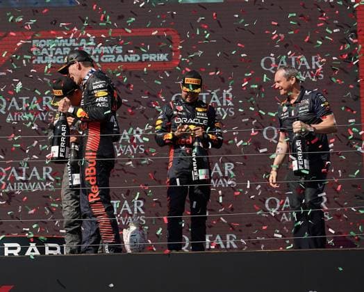 Formel 1 Grand Prix Großer Preis von Ungarn 2023 23.07.2023, Hungaroring, Budapest, Formel 1 Grand Prix Großer Preis von Ungarn 2023 , im Bild Sieger Max Verstappen (NLD), Oracle Red Bull Racing, 2.Platz für Lando Norris (GBR), McLaren F1 Team, 3.Platz für Sergio Perez (MEX), Oracle Red Bull Racing
