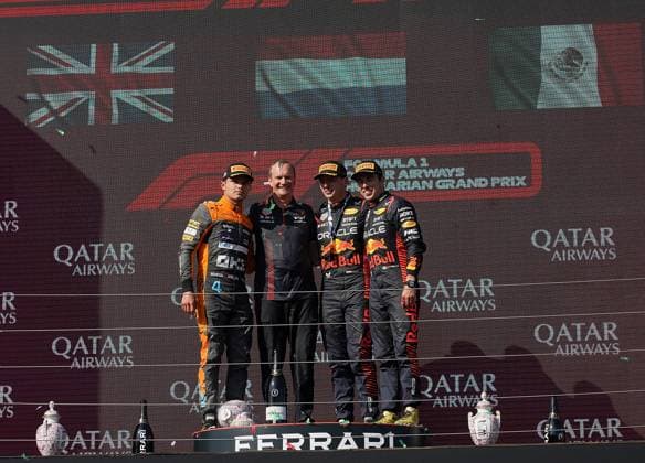 Formel 1 Grand Prix Großer Preis von Ungarn 2023 23.07.2023, Hungaroring, Budapest, Formel 1 Grand Prix Großer Preis von Ungarn 2023 , im Bild Sieger Max Verstappen (NLD), Oracle Red Bull Racing, 2.Platz für Lando Norris (GBR), McLaren F1 Team, 3.Platz für Sergio Perez (MEX), Oracle Red Bull Racing