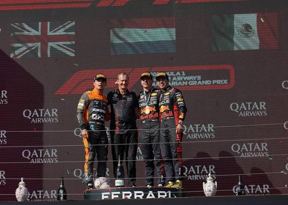 Formel 1 Grand Prix Großer Preis von Ungarn 2023 23.07.2023, Hungaroring, Budapest, Formel 1 Grand Prix Großer Preis von Ungarn 2023 , im Bild Sieger Max Verstappen (NLD), Oracle Red Bull Racing, 2.Platz für Lando Norris (GBR), McLaren F1 Team, 3.Platz für Sergio Perez (MEX), Oracle Red Bull Racing