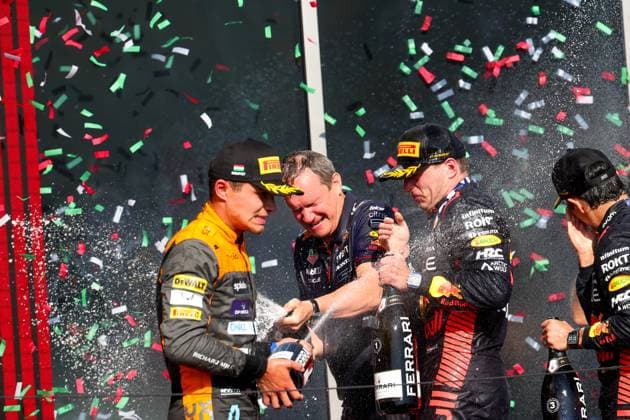 4 Lando Norris (GBR, McLaren F1 Team), 1 Max Verstappen (NLD, Oracle Red Bull Racing), 11 Sergio Perez (MEX, Oracle Red Bull Racing), F1 Grand Prix of Hungary at Hungaroring on July 23, 2023 in Budapest, Hungary. (Photo by HOCH ZWEI) Budapest Hungary