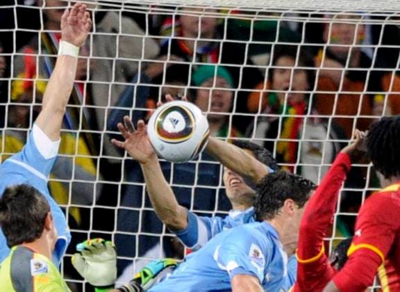 FIFA Soccer World Cup 2010 Uruguay s Luis Suarez gets a red card and a penalty against his team for stopping the ball with hand during the 2010 FIFA World Cup, WM, Weltmeisterschaft, Fussball South Africa, Quarter Final, Soccer match, Ghana vs Uruguay at Soccer City football stadium in Johannesburg, South Africa on July 2nd, 2010. Uruguay won 1-1 (4p to 2). Photo by Henri Szwarc ABACAPRESS.COM Johannesburg South Africa  Copyright: xSzwarcxHenri ABACAx 236851_001 SzwarcxHenri ABACAx 236851_001
