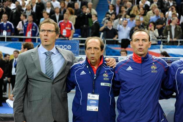 File Photos France s coach Laurent Blanc (L) and Assistant coach Jean-Louis Gasset ans Alain Boghossian (R) during the national anthem during the Euro 2012 Qualifying soccer match, France vs Romania at the Stade de France in Saint Denis near Paris, France on October 9, 2010. France won 2-0. Photo by Henri Szwarc ABACAPRESS.COM Saint-Denis - France  Copyright: xSzwarcxHenri ABACAx 247313_032 SzwarcxHenri ABACAx 247313_032