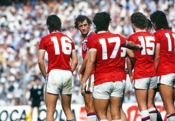 Trevor Francis (England) helps line up an England Wall for a free kick. England v France, World Cup, 16 6 1982. 