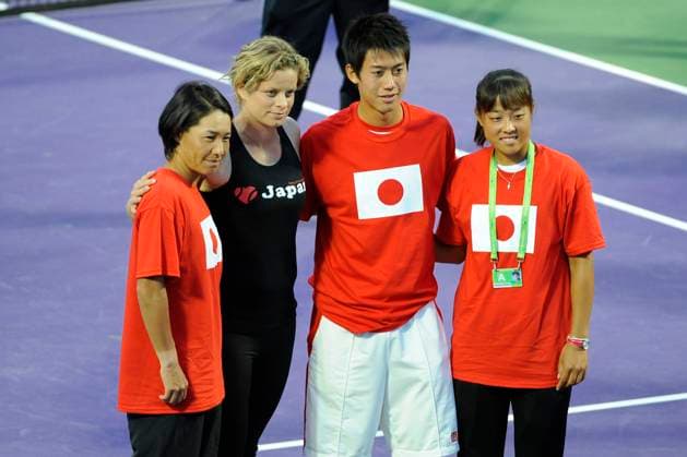 Japan Relief - Sony Ericsson Open - Day 4 L-R) Kimiko Date-Krumm of Japan, Kim Clijsters of Belgium, Kei Nishikori of Japan and Ayumi Morita of Japan pose for a photo as part of Tennis Family for Japan Relief During the Sony Ericsson Open at Crandon Park Tennis Center in Key Biscayne, FL, USA on March 25, 2011. Photo by Corinne Dubreuil ABACAPRESS.COM Key Biscayne FL United States  Copyright: xDubreuilxCorinne ABACAx 268682_004 DubreuilxCorinne ABACAx 268682_004