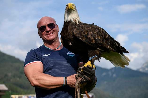 SS Lazio v US Triestina - Friendly The SS Lazio s mascotte eagle Olympia with trainer Juan Bernabe is seen prior to the pre-season friendly football match between SS Lazio and US Triestina. Auronzo di Cadore Italy Copyright: xNicolòxCampox