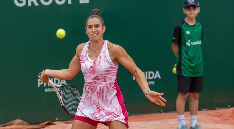 25.07.2023, Lausanne, Tennis Club Stade- Lausanne, Ladies Open Lausanne: Sara Sorribes Tormo - Susan Bandecchi, Susan Bandecchi playing the ball. Lausanne Tennis Club Stade- Lausanne Vaud Switzerland Copyright: xJustPictures.ch MayaxCretegnyx