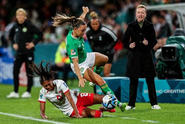 2023 FIFA Women s World Cup Group B, Perth Rectangular Stadium, Perth, Australia 26 7 2023 Canada vs Republic of Ireland WNT Ireland™s Katie McCabe with Jayde Riviere of Canada Katie McCabe with Jayde Riviere 26 7 2023  Copyright: x INPHO RyanxByrnex RB1_5673