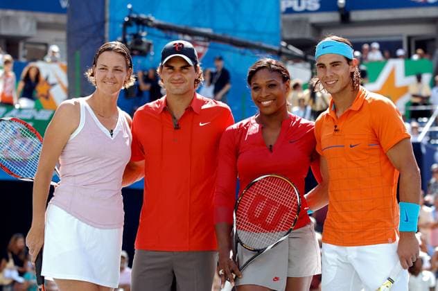 2008 Arthur Ashe Kids Day - New York USA s Serena Williams and Lindsay Davenport are seen with Spain s Rafael Nadal and Switzerland s Roger Federer during the Arthur Ashe Kid s day at the USTA Billie Jean King National Tennis Center in New York City, NY, USA, on August 23, 2008. Photo by Corinne Dubreuil ABACAPRESS.COM New York City NY  Copyright: xDubreuilxCorinne ABACAx 161768_27 DubreuilxCorinne ABACAx 161768_27