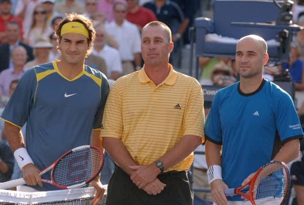 Tennis File Pictures American s former player Ivan Lendl with Andre Agassi and Roger Federer attending the men final at the 2005 US Open tennis tournament held at the Arthur Ashe stadium in Flushing Meadows, New York City, USA, on September 11, 2005. Photo by Corinne Dubreuil Cameleon ABACAPRESS.COM New York City NY United States  Copyright: xDubreuilxCorinne ABACAx 83823_04 DubreuilxCorinne ABACAx 83823_04