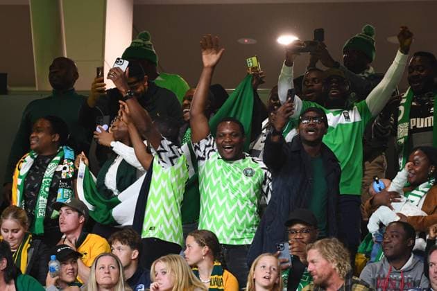 WWC23 AUSTRALIA NIGERIA, Nigerian supporters celebrate during the FIFA Women s World Cup 2023 soccer match between Australia and Nigeria at Brisbane Stadium in Brisbane, Thursday, July 27, 2023. ( NO ARCHIVING, EDITORIAL USE ONLY, NO USE IN BOOKS WITHOUT CONSENT BRISBANE QUEENSLAND AUSTRALIA  Copyright: xJONOxSEARLEx 20230727001824756839