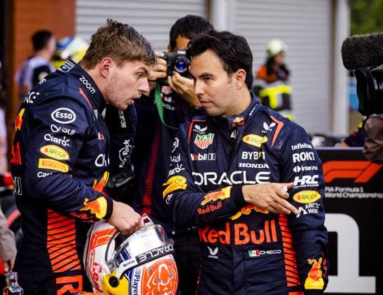 SPA - Max Verstappen (Red Bull Racing) and Sergio Perez (Red Bull Racing) after qualifying at the Circuit de Spa-Francorchamps for the Grand Prix of Belgium. ANP SEM VAN DER WAL F1 Grand Prix of Belgium - Qualifying 2023 xVIxANPxSportx xxANPxIVx 474424465 originalFilename: 474424465.jpg