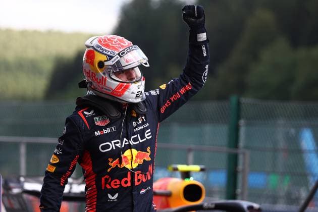 F1 Gran Prix of Belgium Max Verstappen of Red Bull Racing celebrates in the park ferme at the end of qualifying for the F1 Grand Prix of Belgium at Spa Francorchamps on July 28, 2023 in Stavelot, Belgium. Stavelot Spa Francorchamps Belgium Copyright: xMarcoxCanonierox
