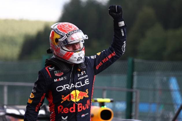 F1 Gran Prix of Belgium Max Verstappen of Red Bull Racing celebrates in the park ferme at the end of qualifying for the F1 Grand Prix of Belgium at Spa Francorchamps on July 28, 2023 in Stavelot, Belgium. Stavelot Spa Francorchamps Belgium Copyright: xMarcoxCanonierox
