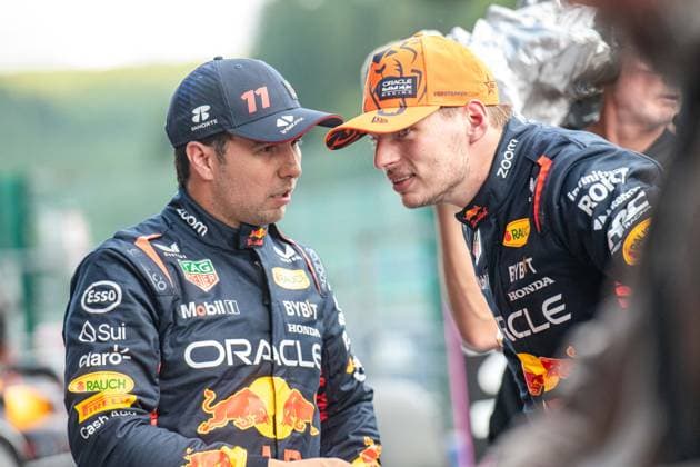 Red Bull Racing Mexican rider Sergio Perez and Red Bull Racing Dutch rider Max Verstappen are pictured after the qualification session at the Grand Prix F1 of Belgium race, in Spa-Francorchamps, Friday 28 July 2023. The Spa-Francorchamps Formula One Grand Prix takes place this weekend, from July 28th to July 30th. JONASxROOSENS  x71229299x